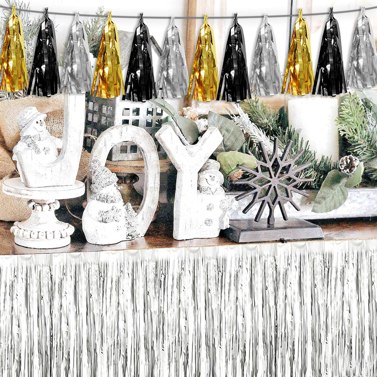 4P Black Gold Silver Tassel Banner Garland Metallic Foil Fringe Banner Tinsel Tassels Streamer Banner Backdrop for Parade Floats, 2025 Graduation Decorations, New Years Decorations,Father' Day