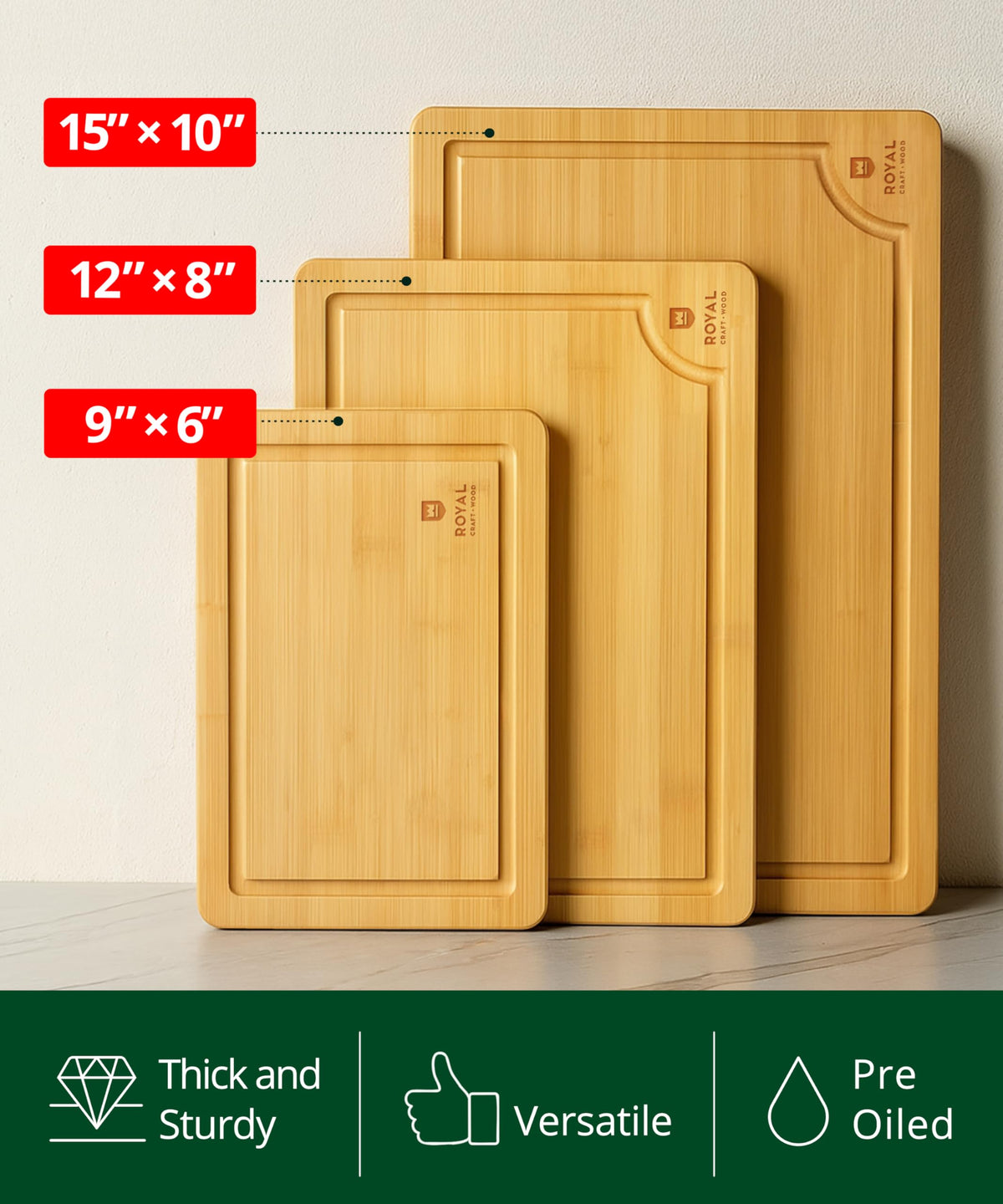 ROYAL CRAFT WOOD Wooden Cutting Boards for Kitchen Meal Prep & Serving - Bamboo Wood Serving Board Set with Deep Juice Groove Side Handles - Charcuterie & Chopping Butcher Block for Meat