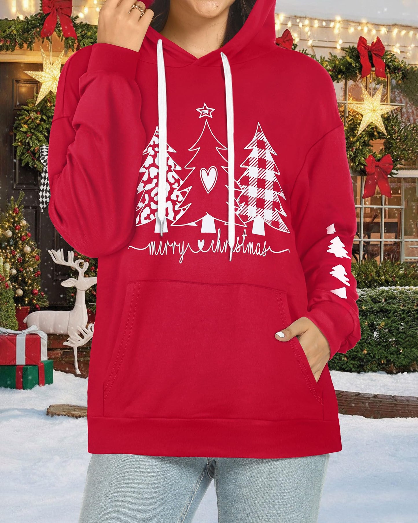 Women's Hoodies Long Sleeve Sweatshirts Drawstring Pullover Tops with Pocket Casual Loose Blouses Tunic (Red Christmas Tree,L)
