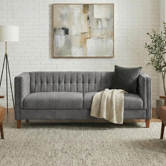 Merax Modern 76" 3-Seater Chenille Sofa with Channel Tufted Back, Curved Armrests, and Solid Birch Wood Legs – Plush Deep-Seat Couch for Living Room, Apartment, Grey