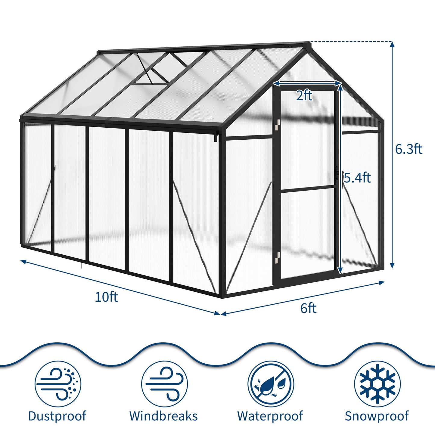 Greenhouse, 6x10 Ft Outdoor Greenhouses, Green House Kit, Portablee Greenhouse with Ground Nails and Vent Windows, Sliding Lockable Door, Polycarbonate Green House for Outside Garden Backyard, Black