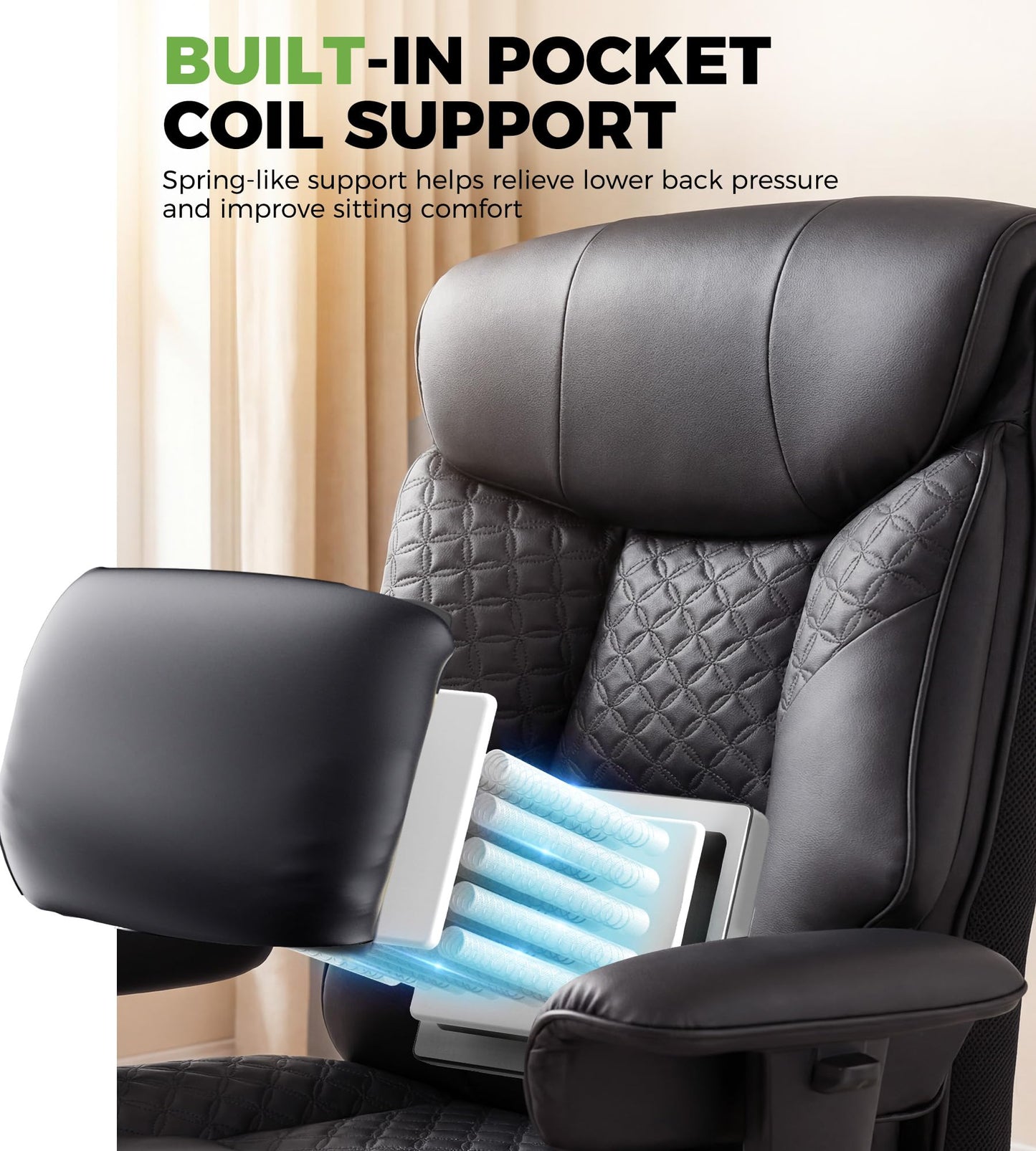 GTPLAYER Big and Tall Office Chair High Back Computer Gaming Chair with Ergonomic Lumbar Support &Pocket Spring Cushion for Lower Back Pain Relief, Leather Executive Chair with Foot Rest, Black