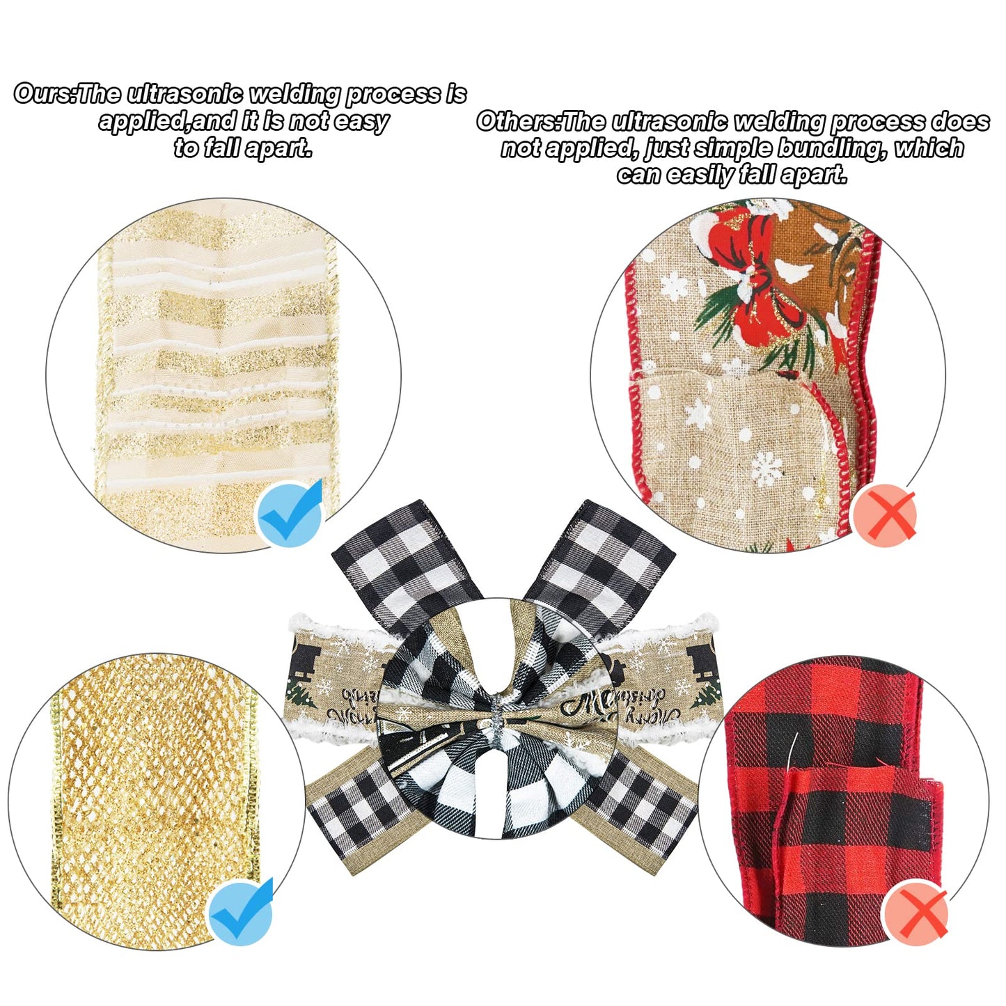 GOGOSY Christmas Tree Topper Bow,48''x 13'' Large Buffalo Plaid Truck Wreath Bows Handmade Xmas Ornaments with Long Burlap Wired Edge Ribbon for Farmhouse Christmas Decoration(Black and White Plaid)