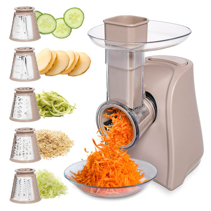 COOK WITH COLOR 5-in-1 Electric Slicer, 150W Food Prep Machine – Cheese Shredder, Fine & Coarse Graters, Potato Grater, Vegetable Slicer, Fruit, Salad Shooter, Compact Design For Bowl Prep, Blush