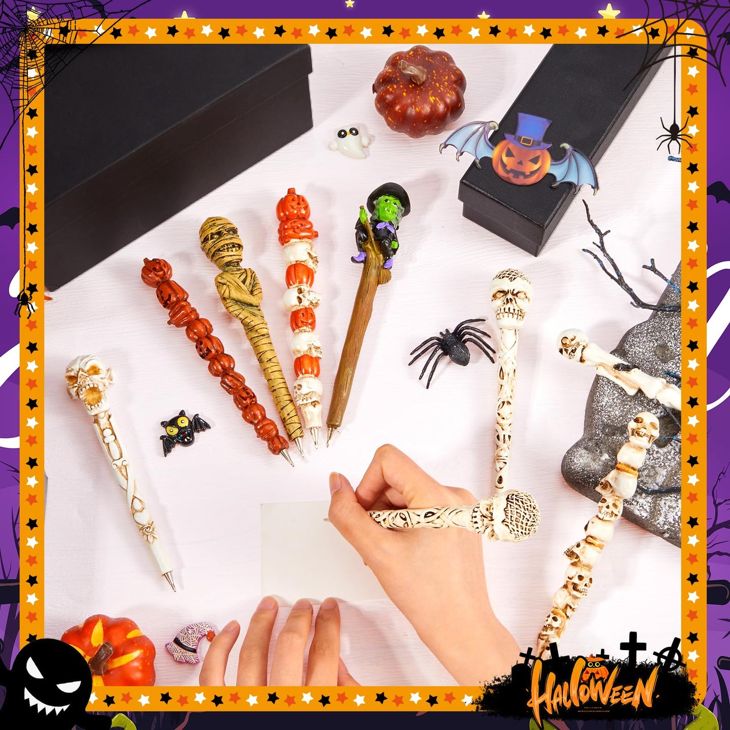 Lincia Halloween Skull Monster Novelty Pen 1.0 mm Halloween Pens Pumpkin Witch Mummy Skull Pen Writing Black Gel Ink Pens for Kids Adults Party Supplies Office School Desk Decors, 8 Styles (8 Pcs)