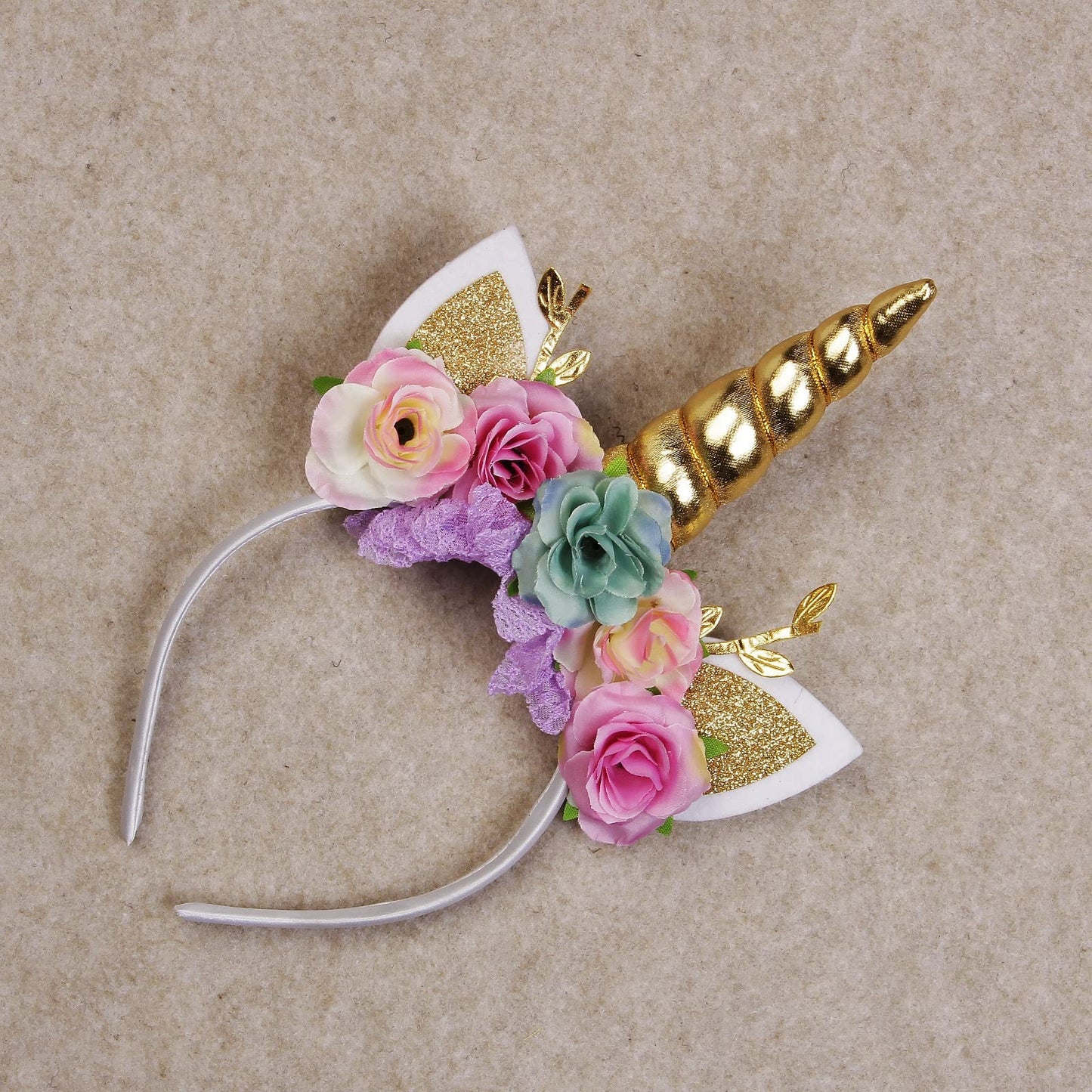 Nishine Unicorn Horn Floral Headband Glitter Ears Pony Head Bands Tiara for Girls Party Birthday Cosplay (Gold&Mint)