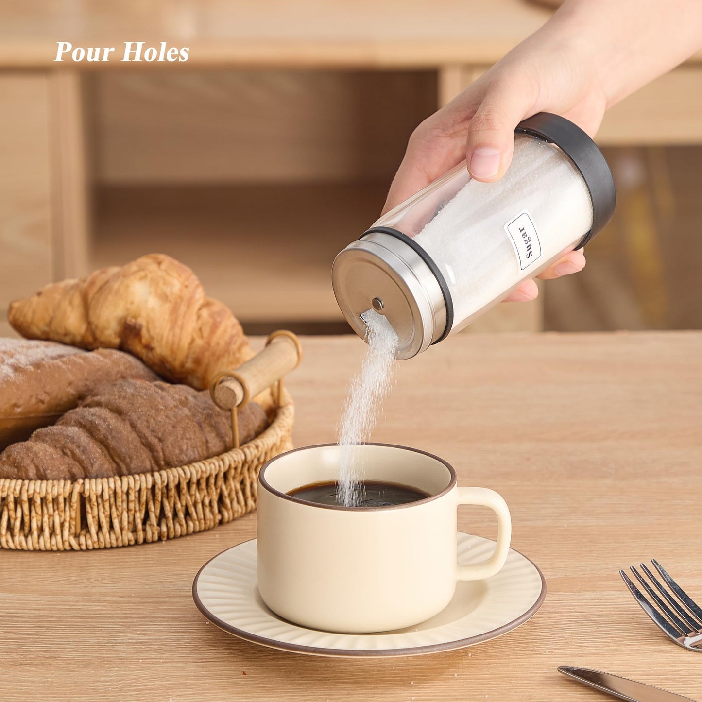 Rekidool 8 oz Glass Sugar Shaker with Stainless Steel Rotating Cover - 3 Adjustable Outlet Holes Holes for Precise Dispensing, Kitchen & Coffee Bar Essential for Coffee, Tea, Baking, 2 Count