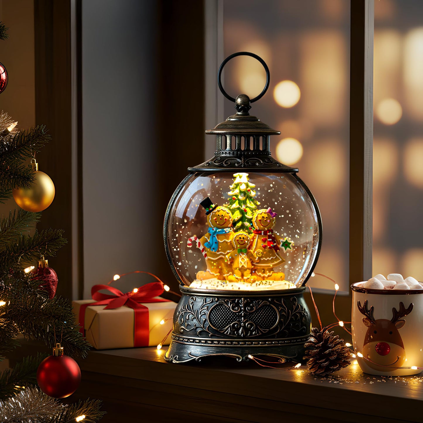 Christmas Snow Globe Water Lantern with Gingerbread Scene Battery Operated or USB Powered Musical Lighted Holiday Decoration for Tabletop Display for Family and Friends