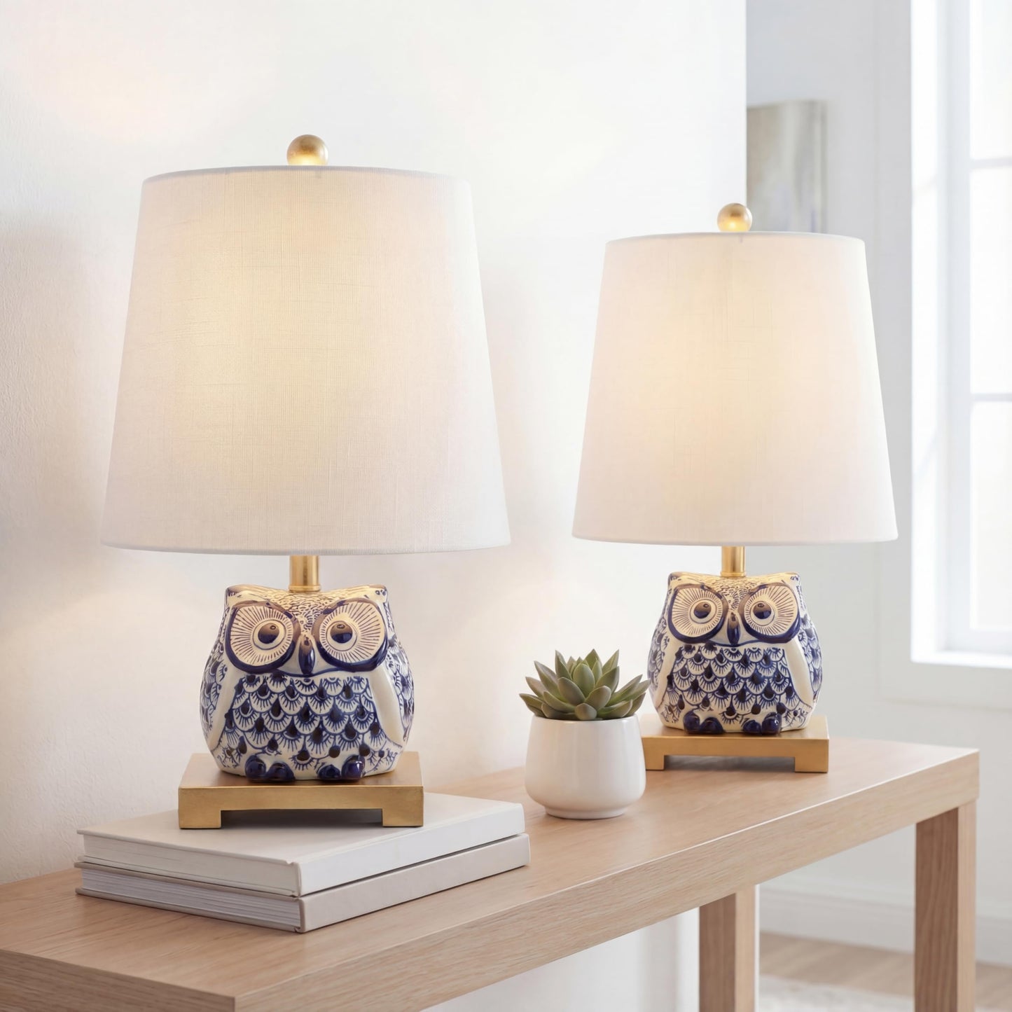 JONATHAN Y 16" Blue/White Ceramic Owl Mini Table Lamp for Bedroom or Office, Modern Farmhouse Nightstand Lamp with White Linen Shade, LED Bulb Included (JYL3014A-SET2)