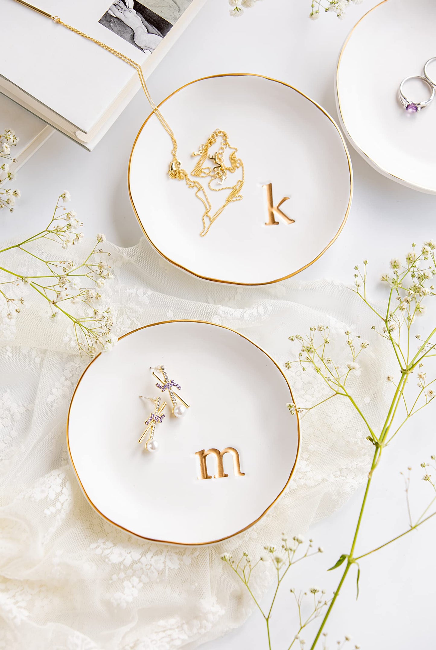 COLLECTIVE HOME - Ceramic Jewelry Tray, Decorative Trinket Dish for Rings Earrings Necklaces Bracelet Watch Keys, Birthday Mother's Day Christmas Gift for Women, 4.75", White Surface (K)