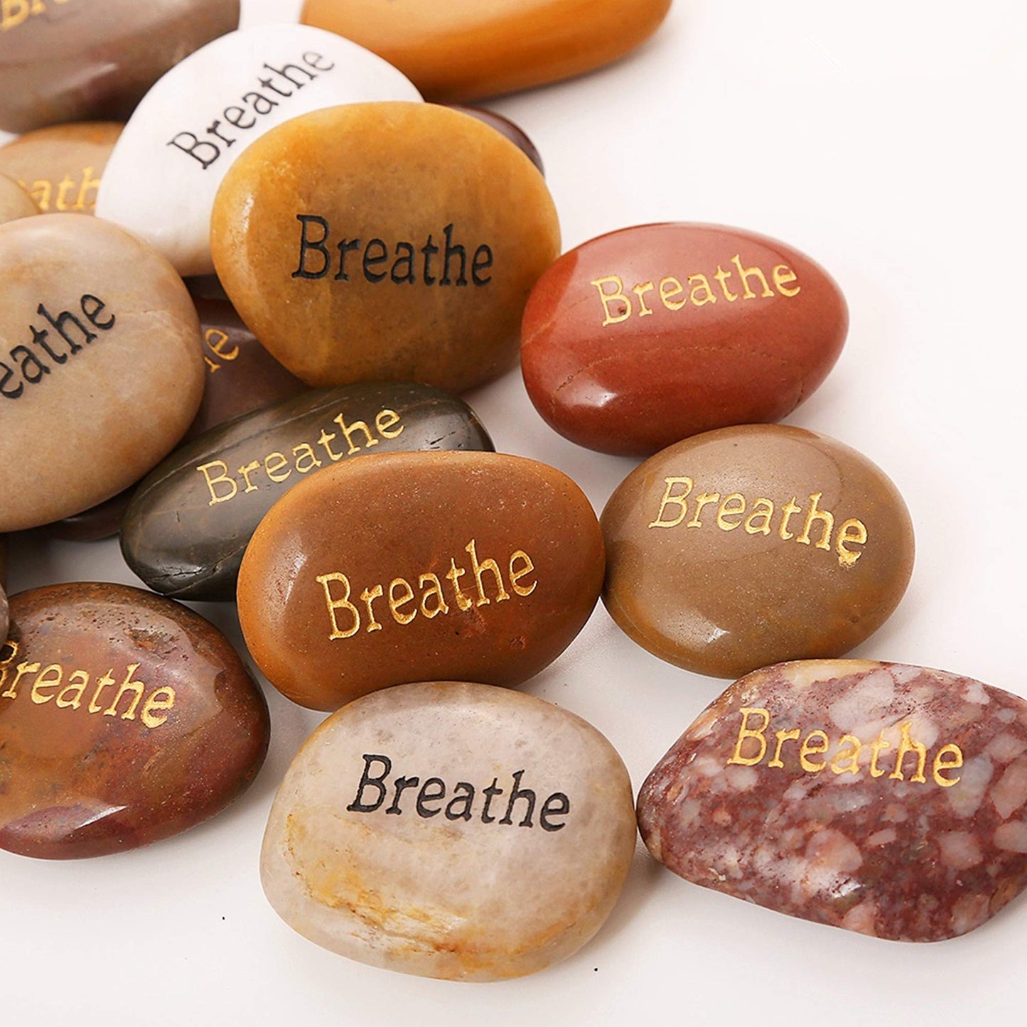 ROCKIMPACT 50PCS Breathe Breathe Stone Engraved Inspirational Stones Bulk Encouragement Motivational Gifts Zen Healing Inspiring Rocks Prayer Word Stones Wholesale Breathe Rock,2"-3" Each