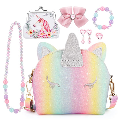 JYPS monedero unicornio para niñas, 7 monederos lindos para niños, bolsos cruzados con juego de joyas para niños, regalos de cumpleaños, juguetes de unicornio.