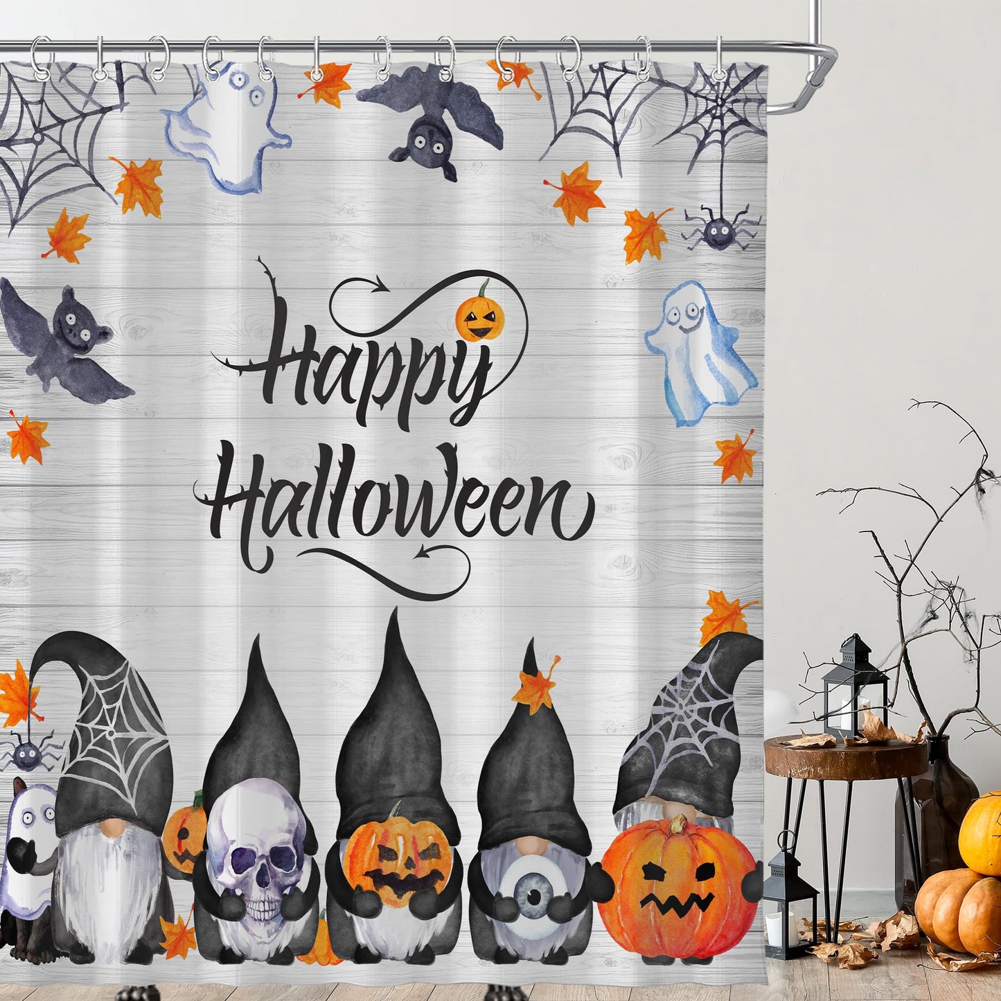 Visioun Halloween Cute Funny Gnomes Spooky Pumpkin Shower Curtain for Bathroom 72W*72H Inch Farmhouse Rustic Horror Bathtub Skull Ghost Maples Bat Decor Waterproof Polyester Fabric Set with 12 Hooks