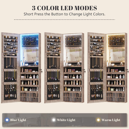 Vlsrka 47.2 Inch Full Length Mirror with Storage, Wall Mount Mirror Jewelry Cabinet, Over The Door Hanging Jewelry Armoire Organizer, Built-in Light, 4 Drawers, 5 Shelves, Christmas Gift (Wood)