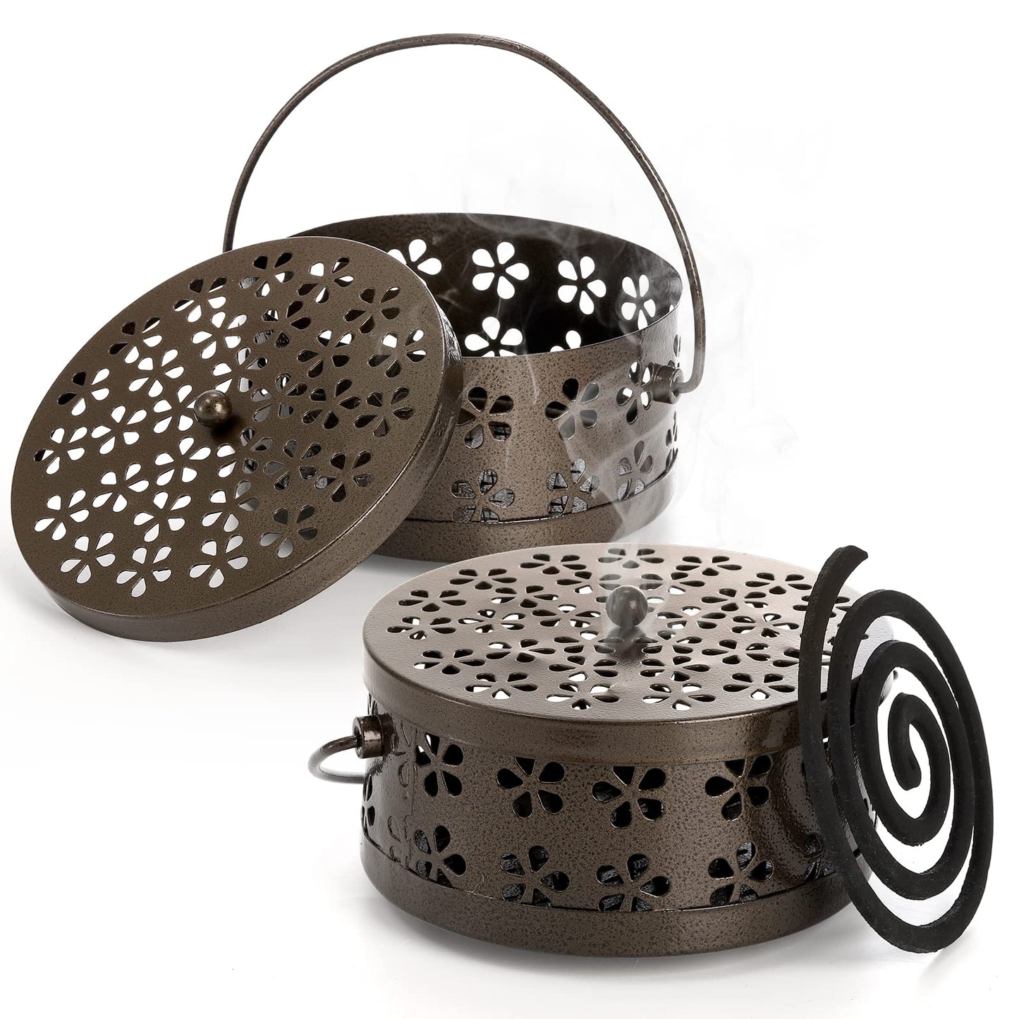 ZENFUN 2 Pack Iron Coil Holders with Lid and Handle, Bronze Incense Coil Burner with Lid, Retro Portable Coil Holder for Camp Use, Indoor, Outdoor, Fireproof, 5.7 Inches Diameter
