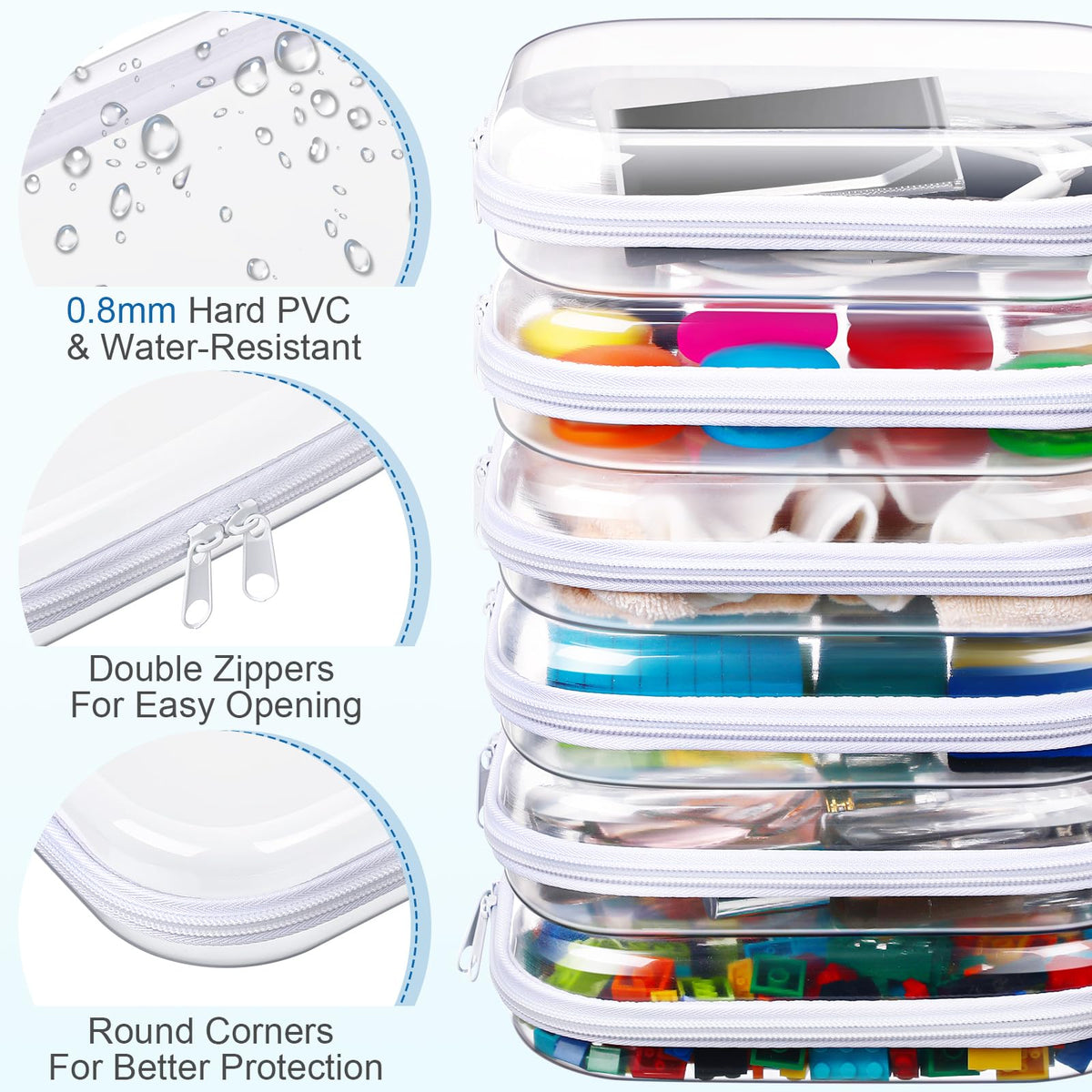 Sanwuta 6 Pcs Clear Hard Zipper Case Hard Plastic Zipper Pouches Makeup Bag Pencil Pouches Transparent Cases for Snacks Plastic Storage Organizer Box for Travel(Clear,7.87 x 5.9 x 2 Inch)