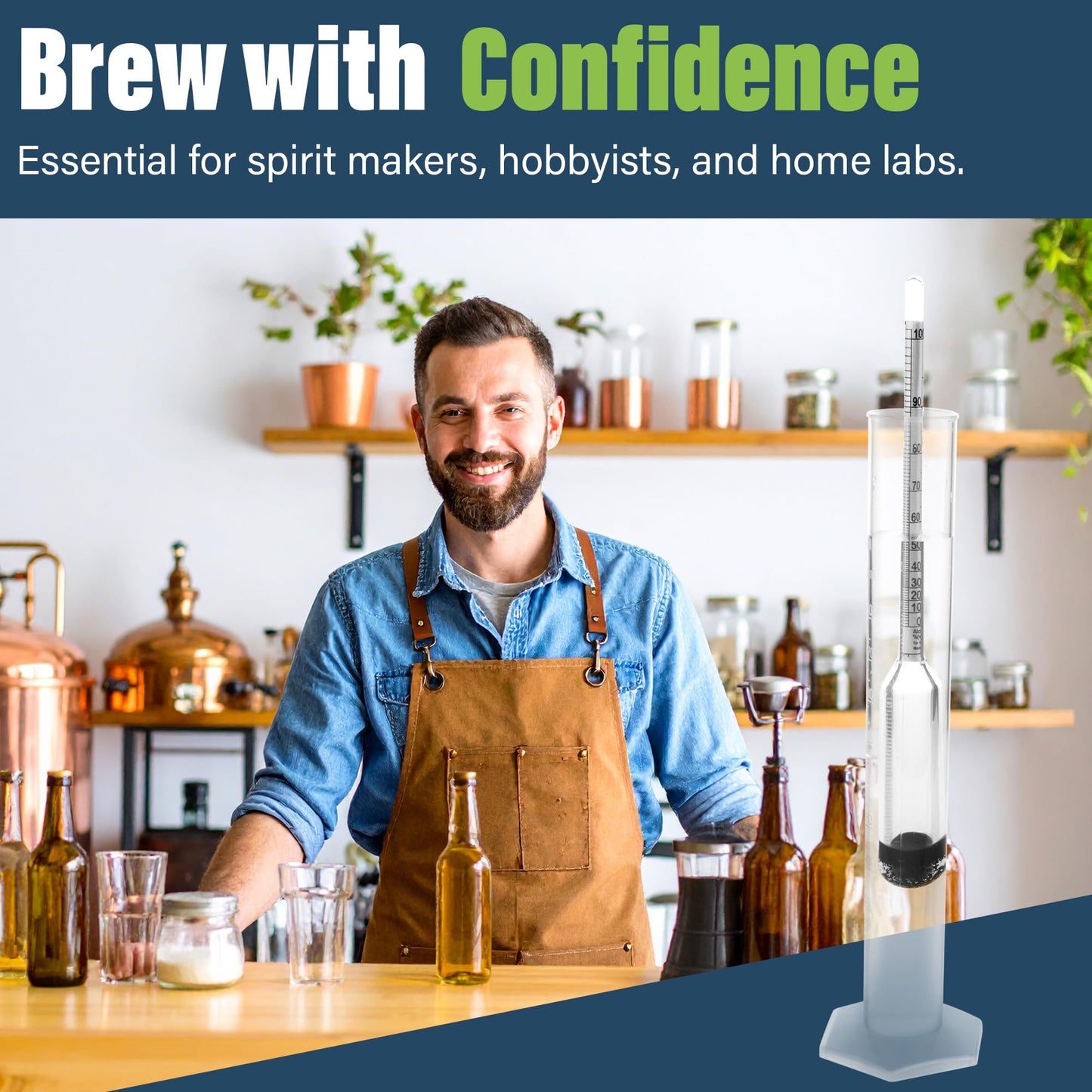 Alcohol Meter Spirit Meter 0-100% Measures Alcohol in Distilled Spirit Hydrometer 23cm Including 100ml Trial Sampling Jar