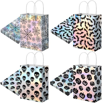 Paterr 24 Pcs Iridescent Halloween Paper Bags Holographic Bat Pumkin Skeletons Pumpkins Spider Webs Trick or Treat Reusable Gift Bags for Halloween Party Supplies Favors(Classic Patterns)