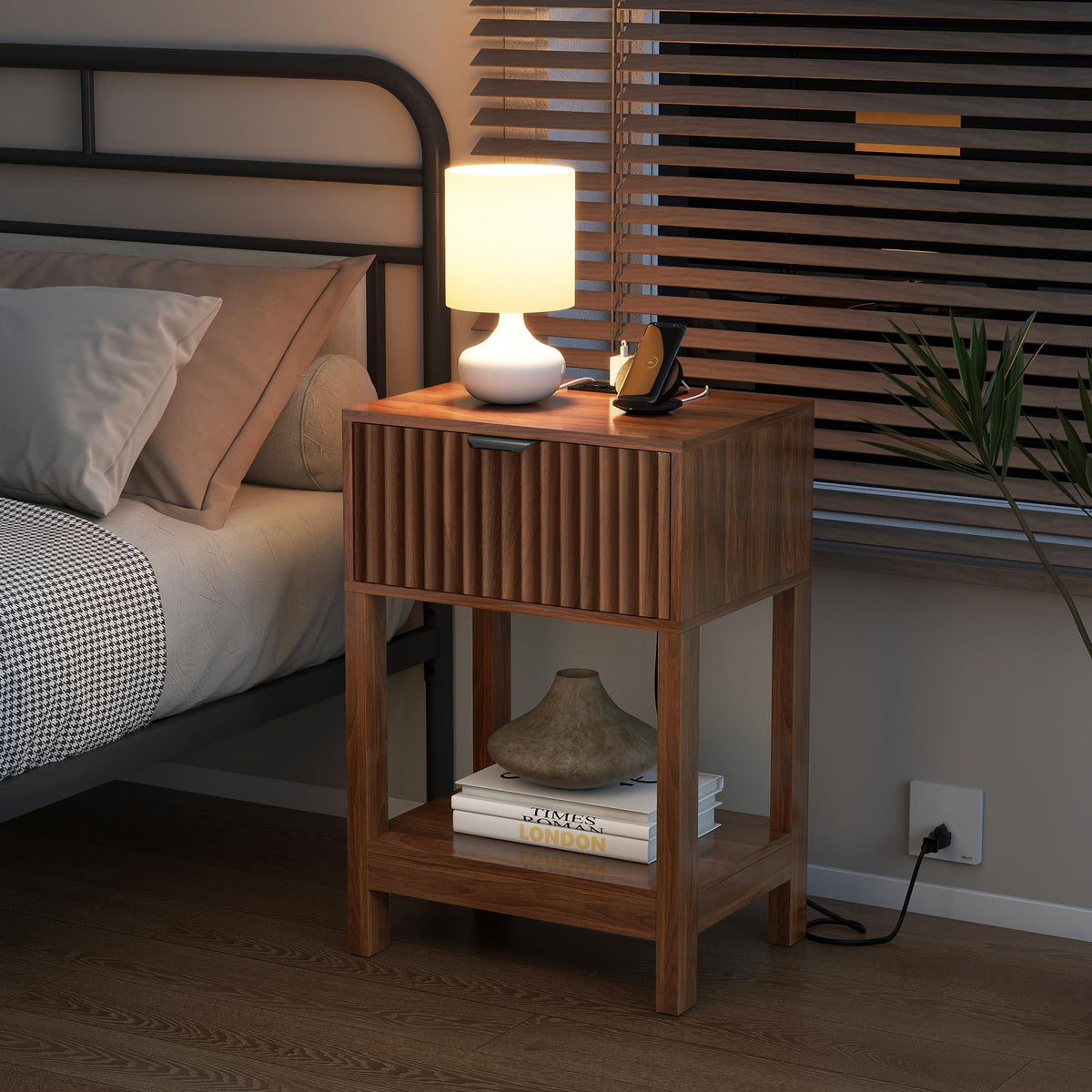 Nasonet Night Stand Set 2, Fluted Nightstand with Charging Station, Wood Bedside Table with Drawer & Storage Shelf, Modern End Tables for Bedroom Sofa Couch Office, Walnut