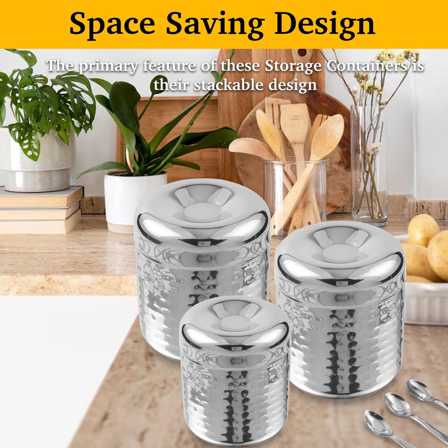 CRAFTONE Stainless Steel Hammered Containers Set of 3 with Spoon, Ideal for Tea, Coffee, Sugar, Masala Storage Sugar Container with Lid for Salt, Coffee, Dishwasher Safe (10 Oz, 15 Oz, 20 Oz)
