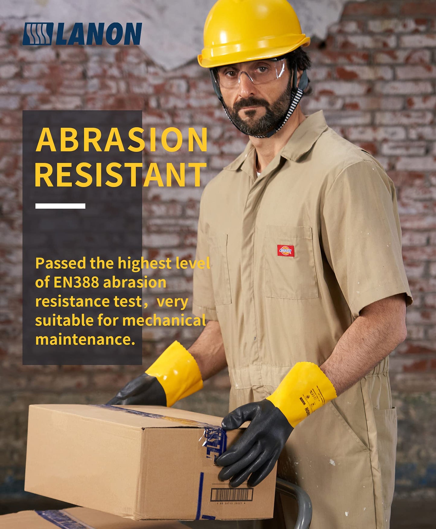 LANON PVC Chemical Resistant Gloves, Reusable Heavy-Duty Work Gloves, Acid, Alkali and Oil Protection, EN 374/388, Non-Slip, X-Large