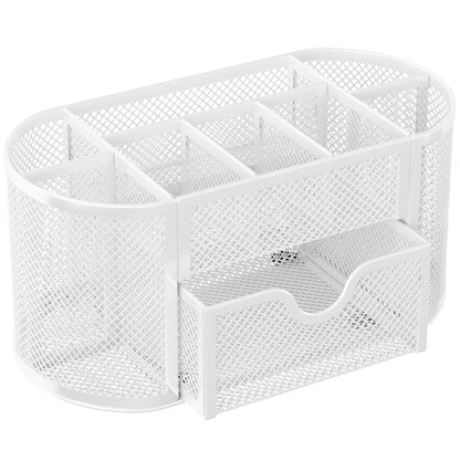 EasyPAG Mesh Pen Holder Desk Organizer with Drawer Stationery Supplies Organizer for Dorm School 9 Compartments Workspace Desk Accessories Organization for Office, White