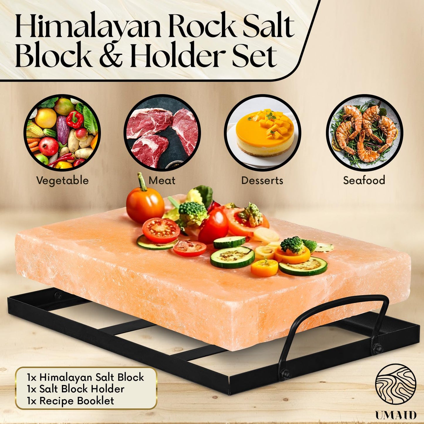 UMAID Himalayan Salt Block Cooking Plate 12x8x1.5 – Food Grade Pink Himalayan Salt Stone for Cooking, Grilling, Serving & Cutting – Includes Steel Tray & Grilling Recipe Booklet – Unique Gifts for Men & Dad Gifts for Fathers Day