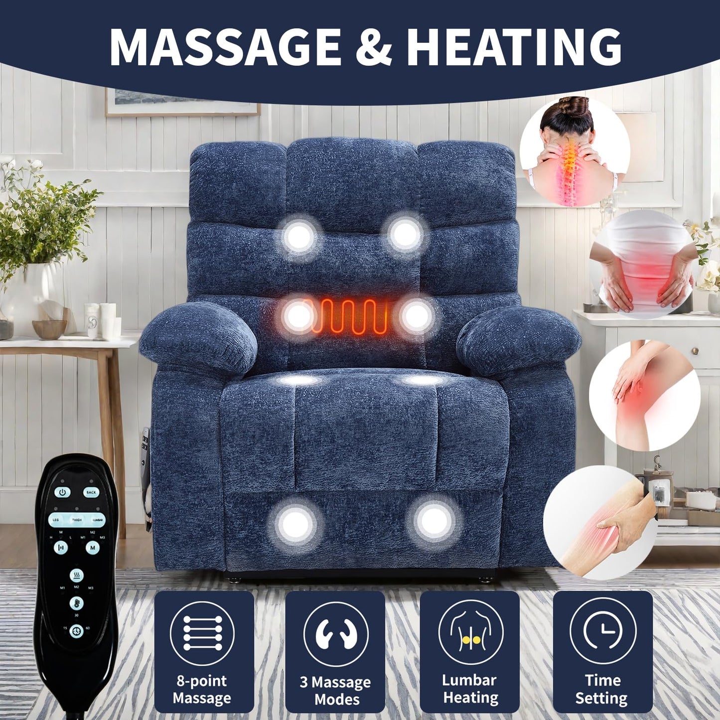 KEIKI Oversized Dual Motor Power Lift Recliner Chair for Elderly, Chenille Upholstery Breathable Rocking Chair with Back Massager and Heated, Cozy Family Room and Entertainment Hub, Blue