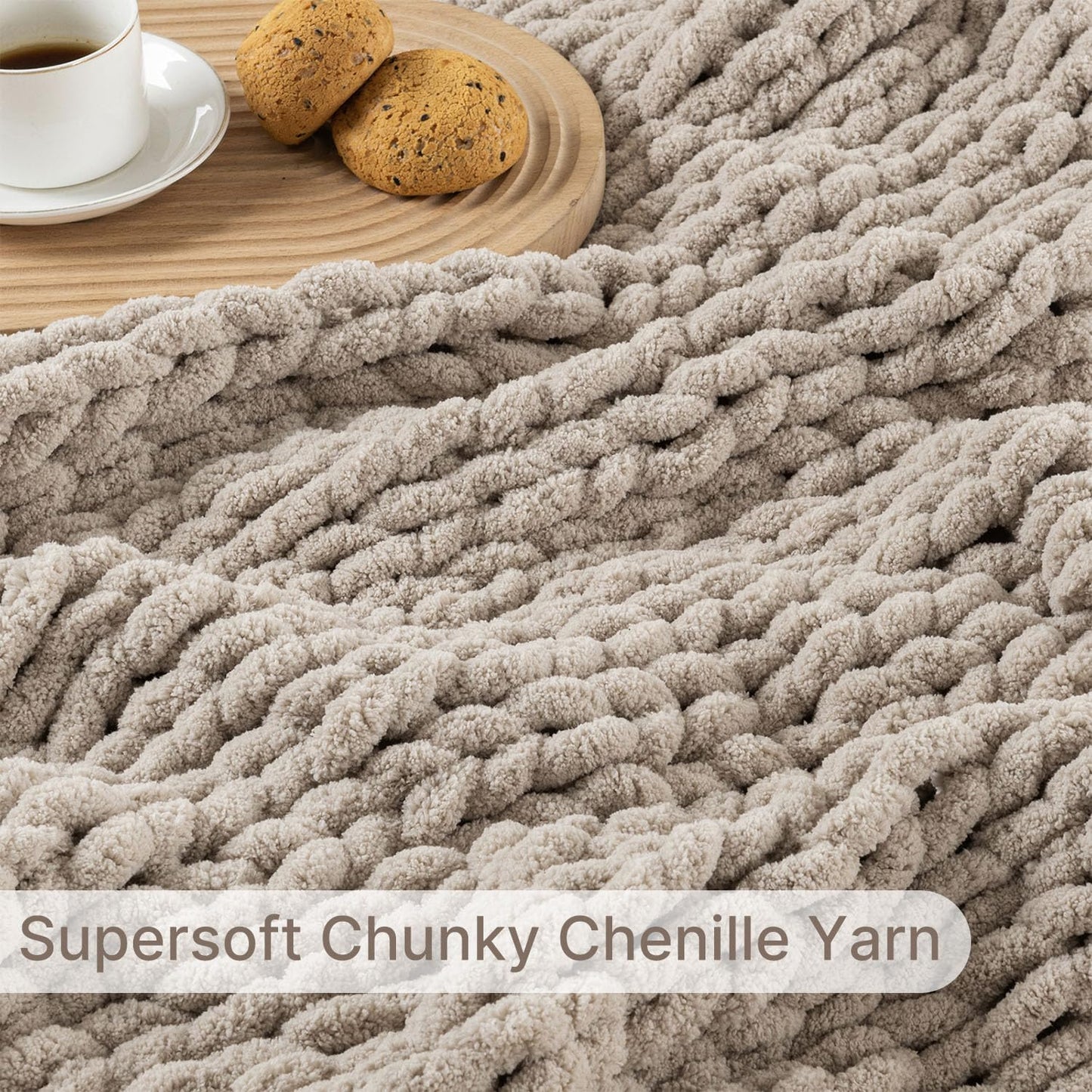 LAST MODA Chunky Knit Blanket Throw, 100% Hand Knit Throw Blanket Handmade Chenille Cable Knit Throw for Couch, Stylish Cozy Soft Rope Knot Crochet Blanket for Home Decor, Beige Linen, 50x60 Inches