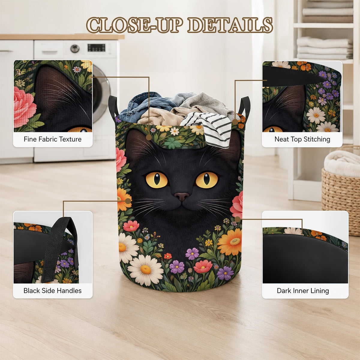 Black Cat Laundry Basket Oxford Cloth Flower Garden Laundry Hamper With Handle Foldable Portable Clothes Storage Basket Storage Bag For Laundry Room/Bathroom/Bedroom/Dormitory 20.8"x16"