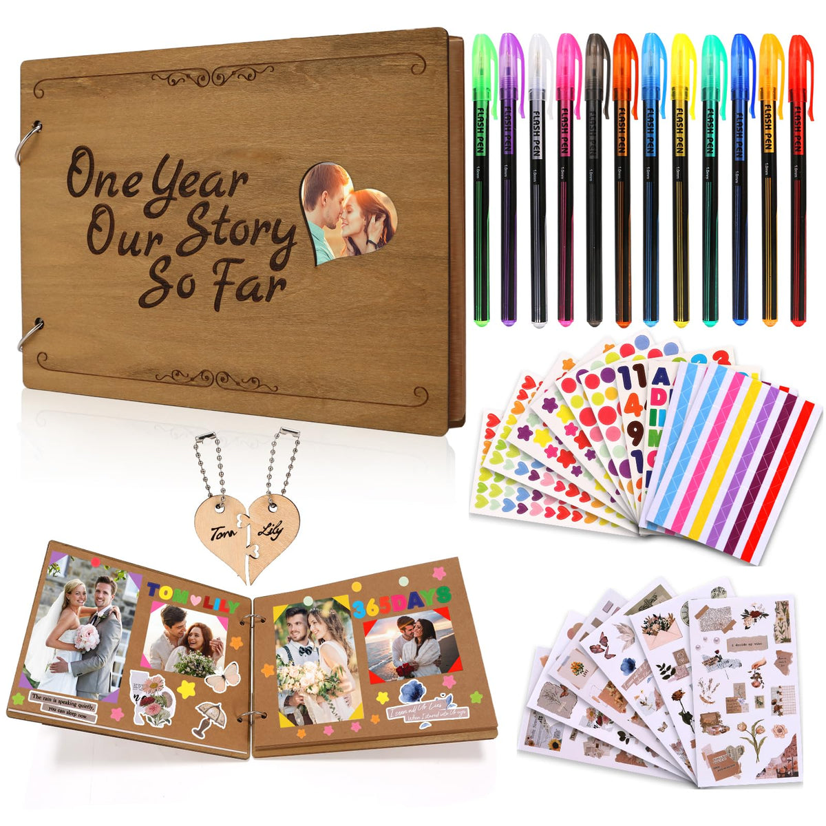 1 Year Our Story So Far Anniversary Scrapbook, Photo Album, DIY Memory Book with 12 Metallic Pens 16 Stickers 2 Puzzle Pieces, Romantic Gift for Boyfriend Girlfriend, 1st Wedding Gift Husband Wife