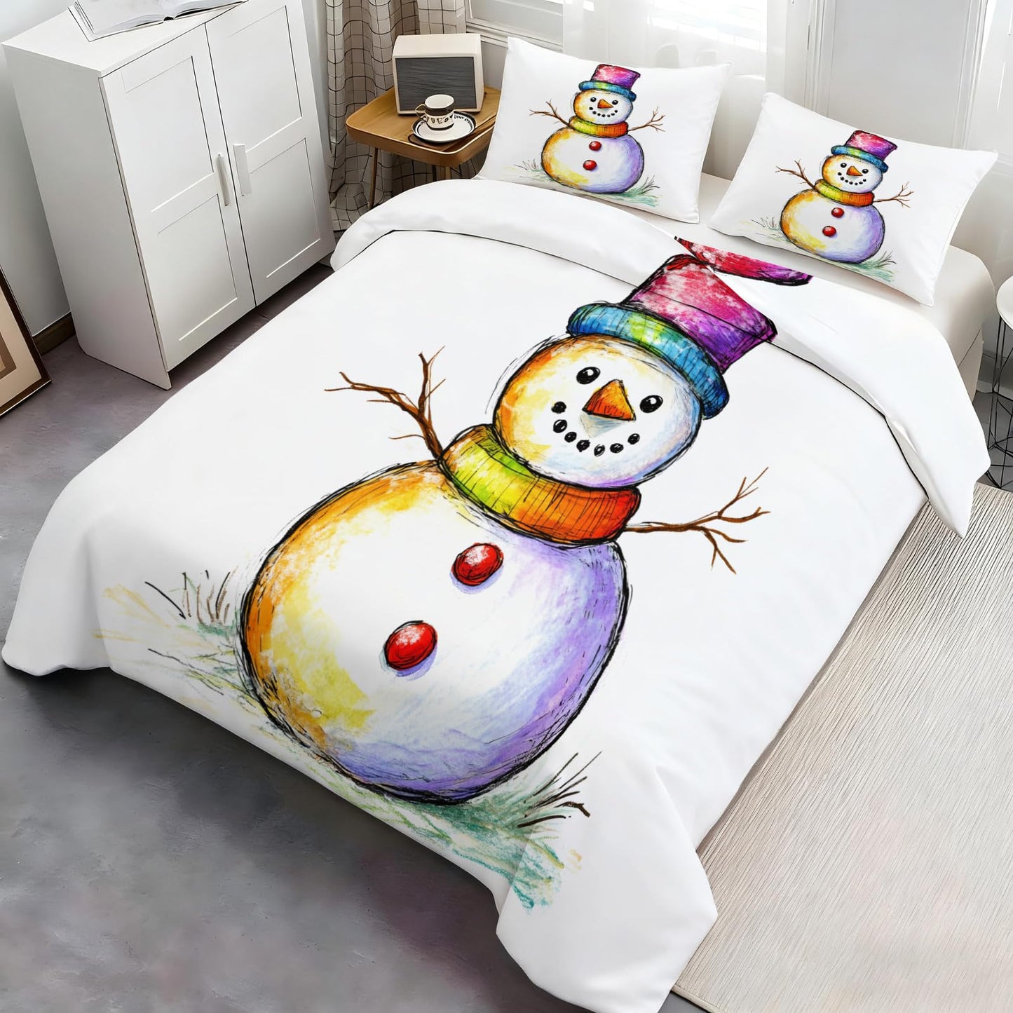 Snowman Duvet Cover Twin Size, Painted Snowman Comforter Cover Christmas Bedding Set 3 Piece with 2 Pillow Sham with Zipper Closure 68" x86"