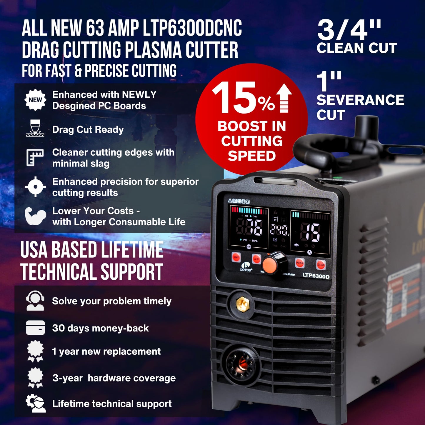 LOTOS Apex LTP6300D | 63A Non-Touch Pilot Arc Plasma Cutter, Drag-Cut Enabled, Non-HF Blowback Start, 3/4" Clean (1" Sever), Dual-Voltage 110/220V, LED Controls, Portable Air Plasma Cutter