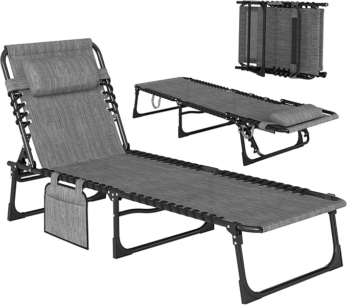 Outsunny Chaise Lounge Chair Outdoor, 5-Position Adjustable Sun Tanning Chair with Carrying Handle and Side Pocket, Folding Bed Cot with Removable Pillow for Garden, Beach, Patio, Pool, Camp, Gray