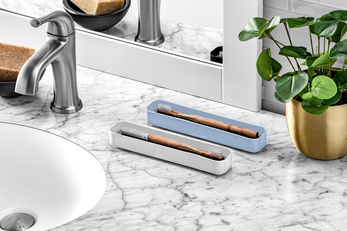 madesmart Toothbrush Tray with Drying Stone, Quick-Dry Organizer for Toothbrushes, Razors, Toothpaste & Bathroom Counter Essentials, Blue