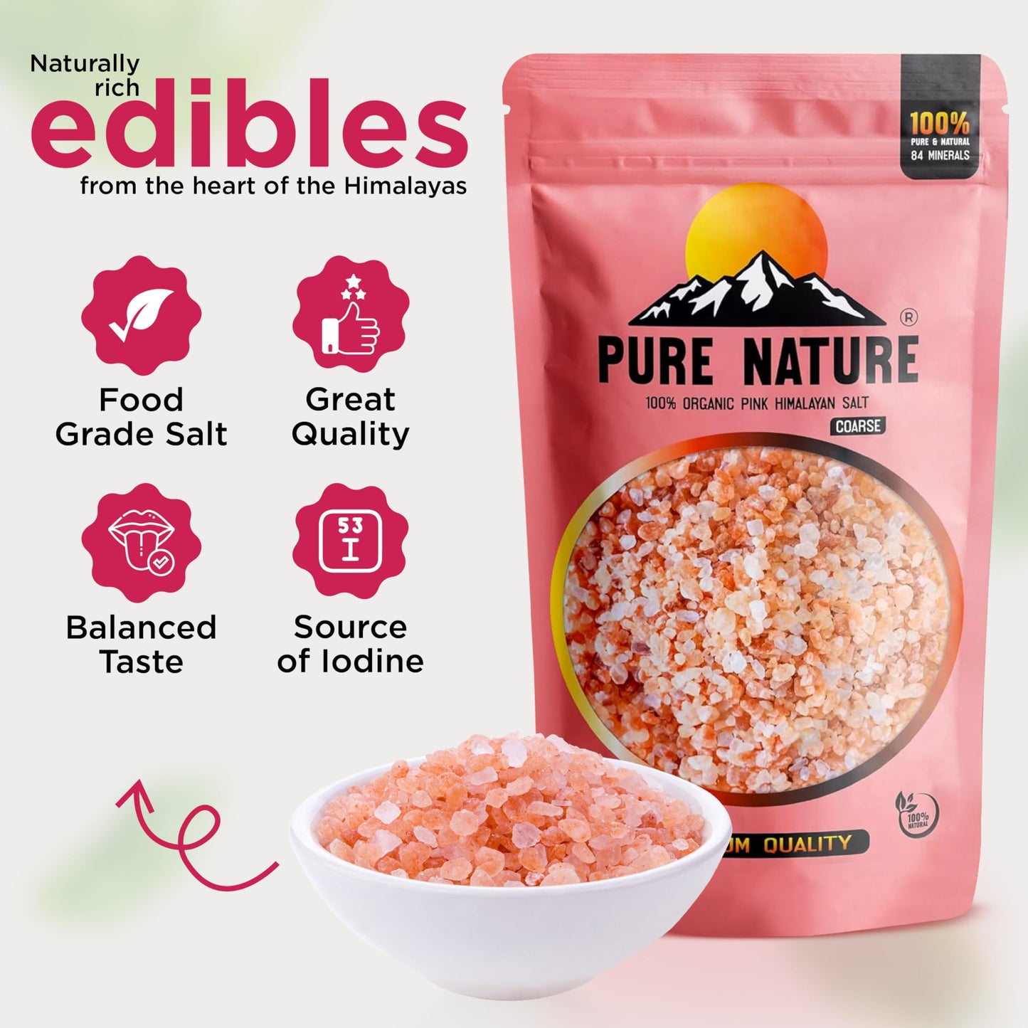 PURE NATURE Himalayan Pink Salt Coarse Grain 2 lb Natural Pink Himalayan Rock Salt for Grinder, Cooking, and Seasoning, Coarse Pink Salt Crystals from Pakistan, Non-GMO