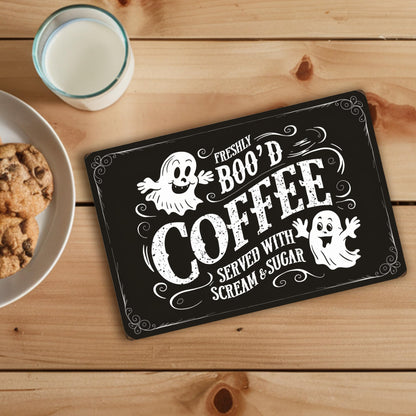 Halloween-Themed Metal Sign - "Freshly BOO'D Coffee Served with Scream and Sugar" - Humorous Ghost Design - 8"x12" Black Metal Sign