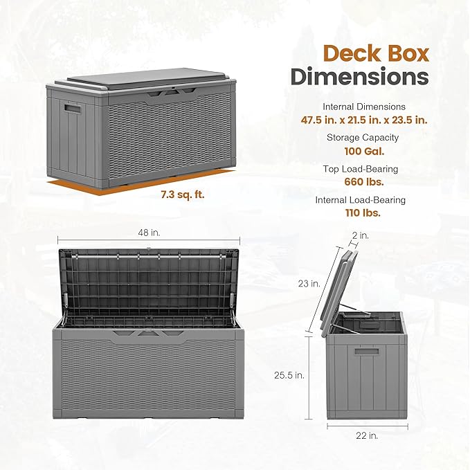 Greesum 100 Gallon Resin Deck Box Large Outdoor Storage with Cushions for Patio Furniture, Garden Tools, Pool Supplies, Weatherproof and UV Resistant, Lockable,Gray