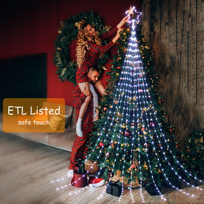 Christmas Decorations Star String Lights, 344 LED Waterfall Tree Lights with 11" Topper Iron Star Christmas Lights Indoor Outdoor Decorative for Wedding Party Home Holiday Decor (Pure White)