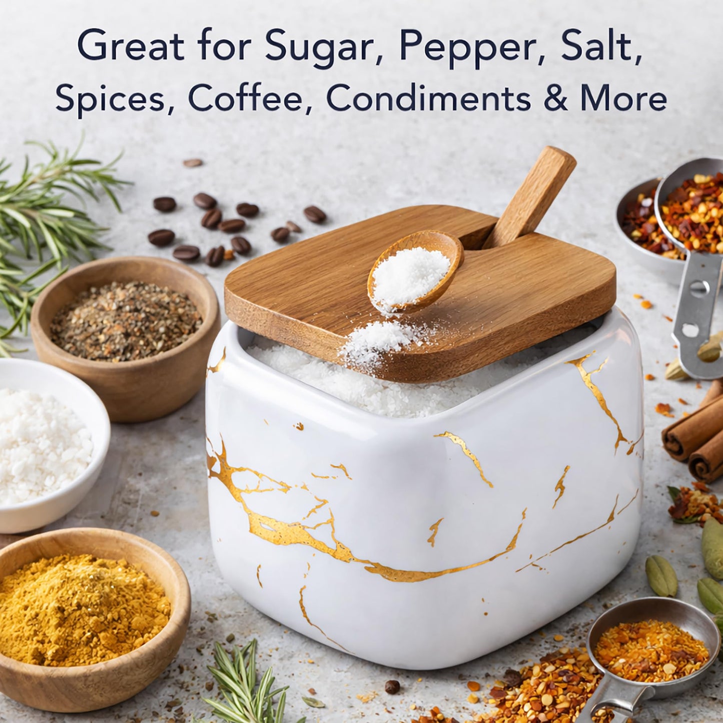 JFFLYIT Marble Ceramics Sugar Bowl Ceramic Seasoning Box Ceramic Spice Jars Porcelain Condiment Pots with Lid and Spoon (White)