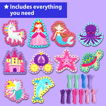 KRAFUN Beginner Unicorn My First Lacing Card Kit for Kids Arts & Crafts, 10 Easy Princess, Mermaid, Lacing Projects, Toddlers Lace Project, Fine Motor Preschool Skills Toys