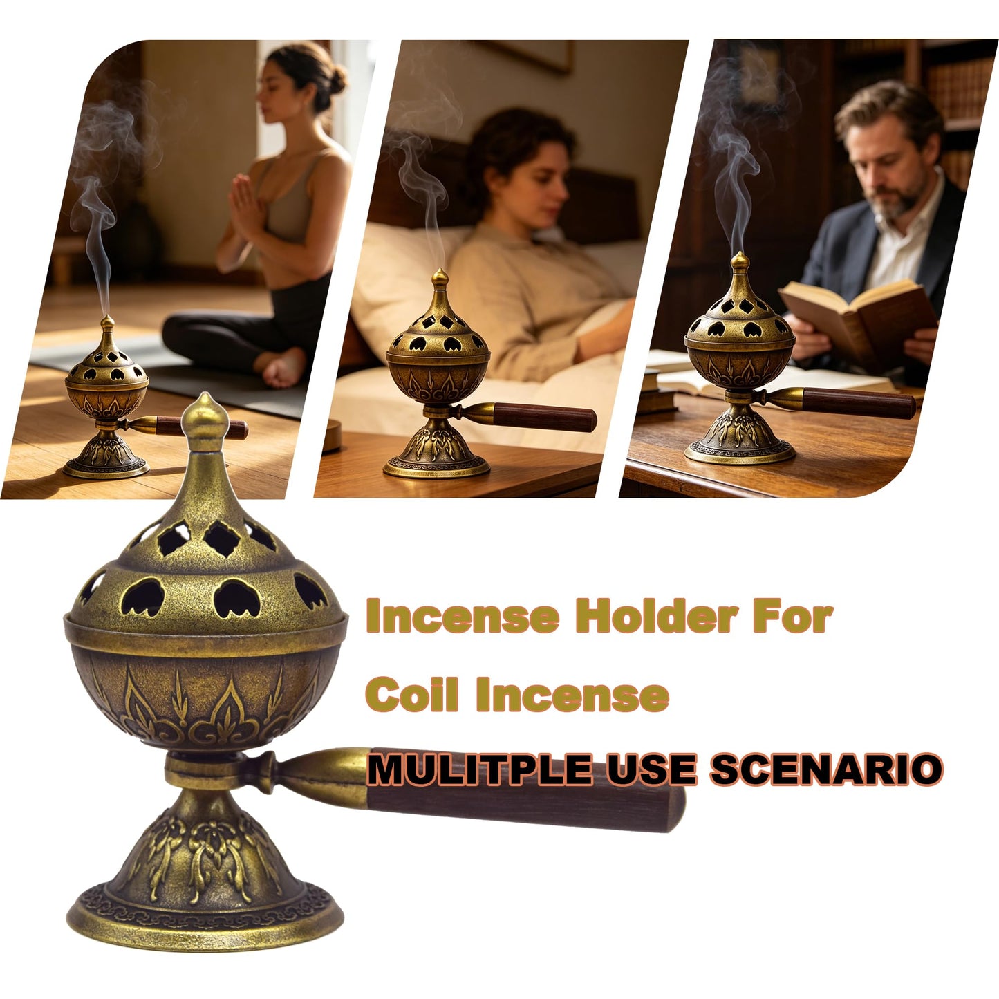 Handheld Incense Burner, 360° Rotating Handle with Incense Coils
