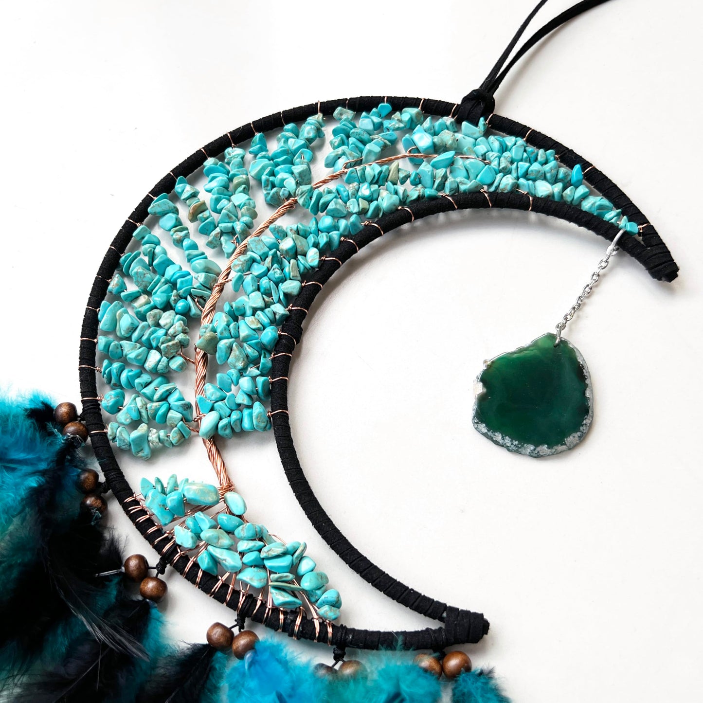 Moon Dream Catchers with Chakra Gemstone Agate Stone, Crystal Tree Life Dream Catchers Wall Hangings Room Decor (Green)