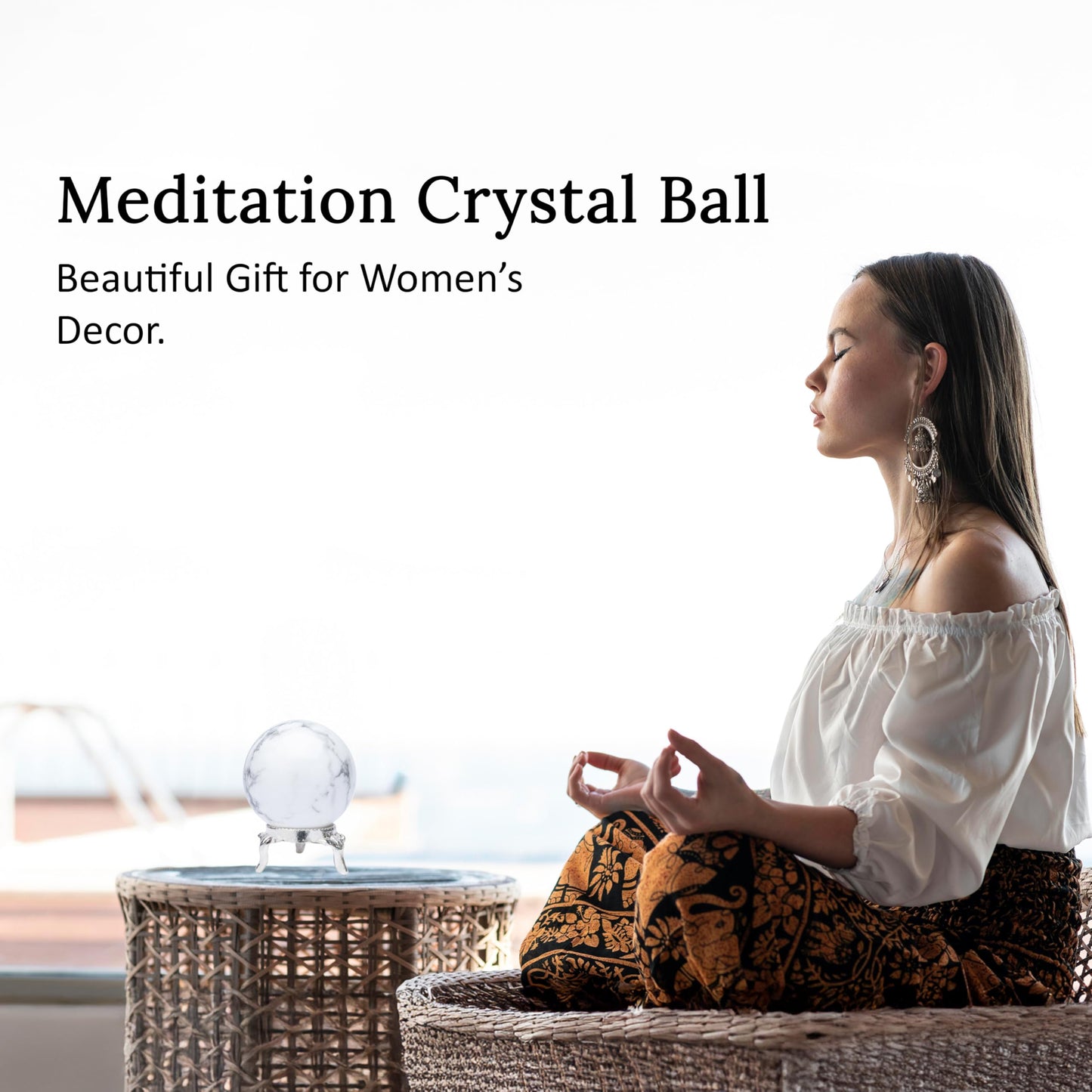 Crocon 45mm Howlite Stone Sphere Ball with Metal Stand 1400+ Carats Gemstone Ball Healing Sphere Sculpture Figurine for Fengshui Divination Home Decoration Photography Crystal Sphere