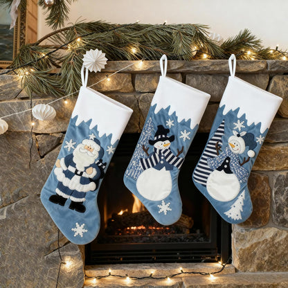 Etistta Classic 19 inch Blue Christmas Stockings Set of 3, Blue White Christmas Decor Velvet Applique Snow Stockings for Christmas Fireplace Decorations - Santa, Snowman