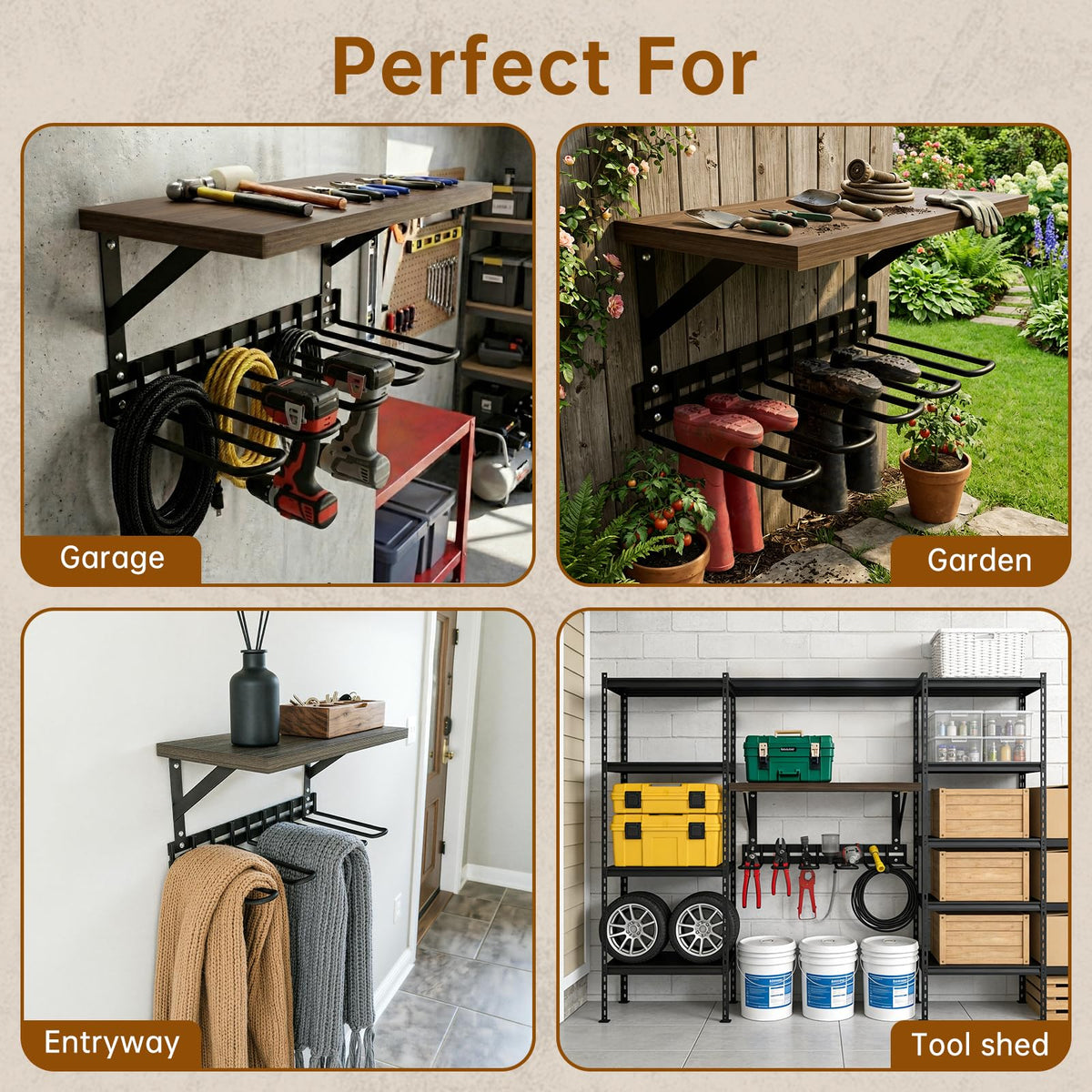 Decoroca Wall Mount Boot Rack, Garden Tool Organizer With 5 Curved Hooks & Wood Shelf, Heavy Duty Wader Boot Hangers Organizer Rack Trays for Outdoor/Indoor, Garden, Garage (4 Pack)
