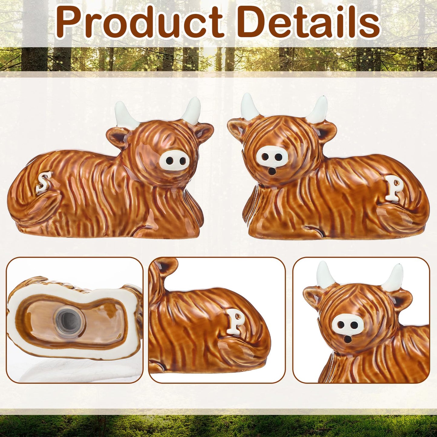 Potchen 2 Pcs Highland Cow Salt and Pepper Shaker Set Ceramic Kitchen Accessories Animal Spice Rack Scottish Highland Cow for Farm Animal Bull with Horns S&P