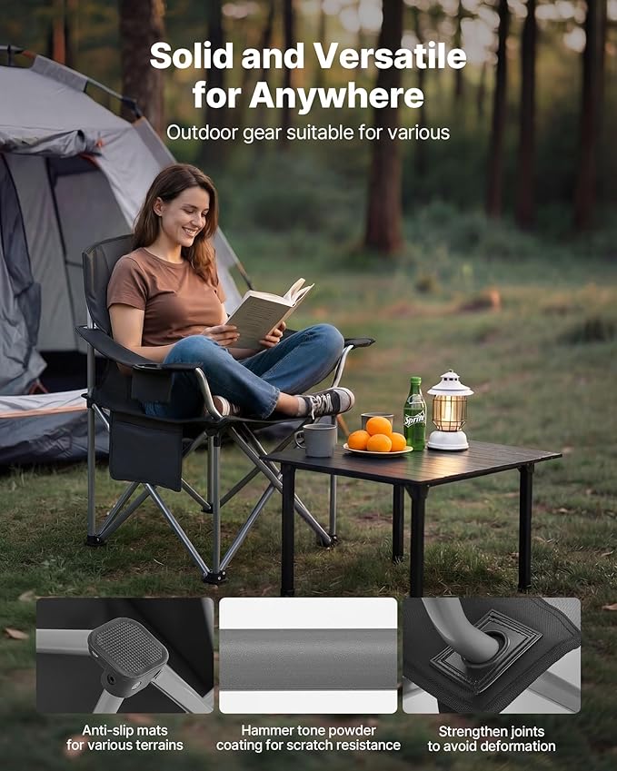 VEVOR Oversized Camping Folding Chair, Portable Heavy Duty Outdoor Quad Lumbar Back Padded with Side Pockets, Cup Holder and Cooler Bag for Beach, Lawn, Picnic, Fishing, Backpacking, 2 Pack