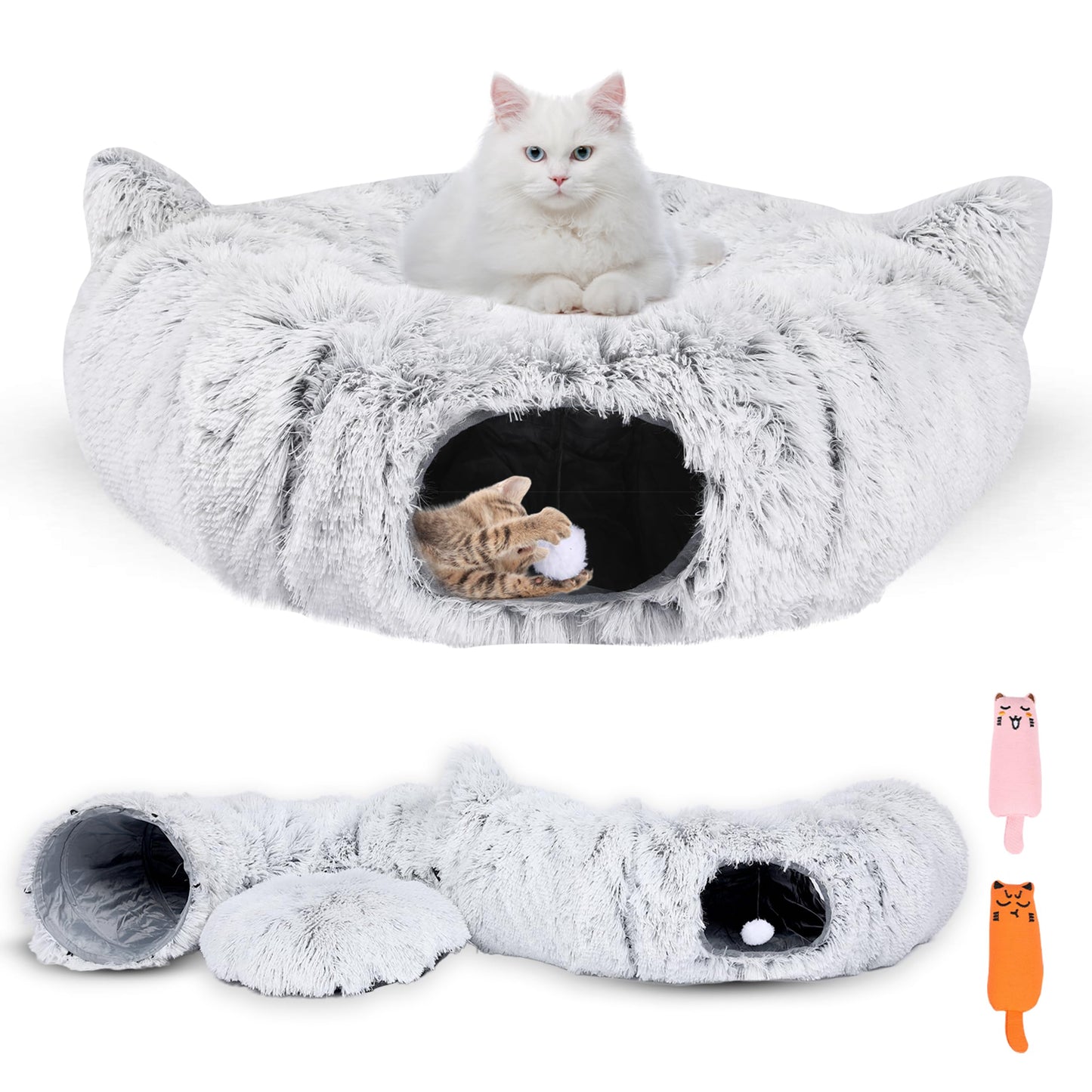 PurrPuff Cat Tunnel Bed Cave with Catnip Toys - Peekaboo Cat Hideaway & Cat Donut Tunnel - 3-in-1 Cat Tunnels for Indoor Cats - Foldable Cute Cat Bed - 32" Washable