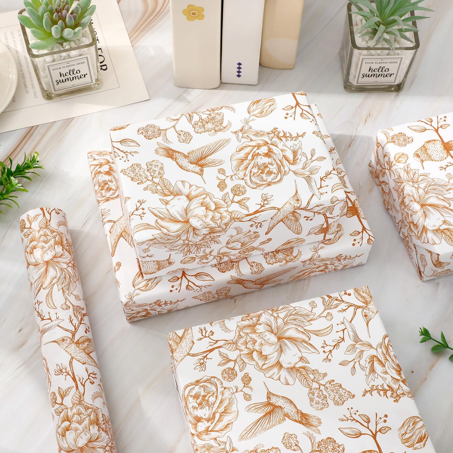 FYSUIMU Orange Floral Wrapping Paper -Mini Roll- 17 In x 32.8 Ft Chinoiserie Birds Flower Gift Wrap Paper for Wedding Baby Shower Birthday Party Wrapping Supplies